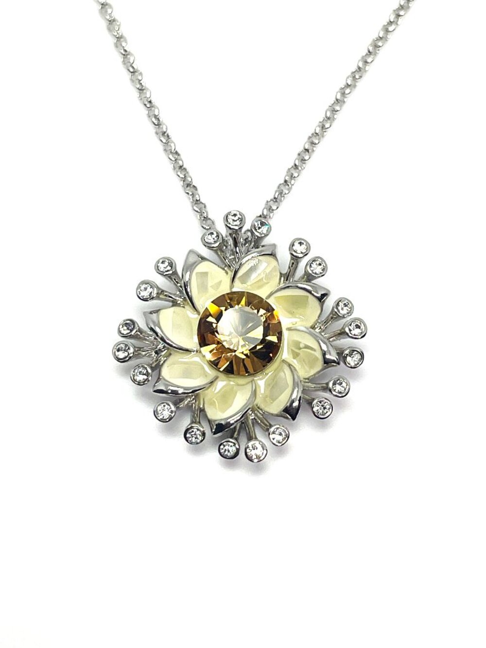 Sunflower Centerpiece Statement Pendant Necklace, Topaz Austrian Crystals, 25.5"
